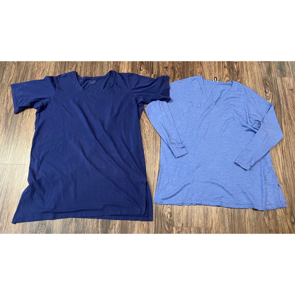 Eileen Fisher XL Blue Top Bundle Navy Short Sleeve & Light Blue V-Neck Sweater